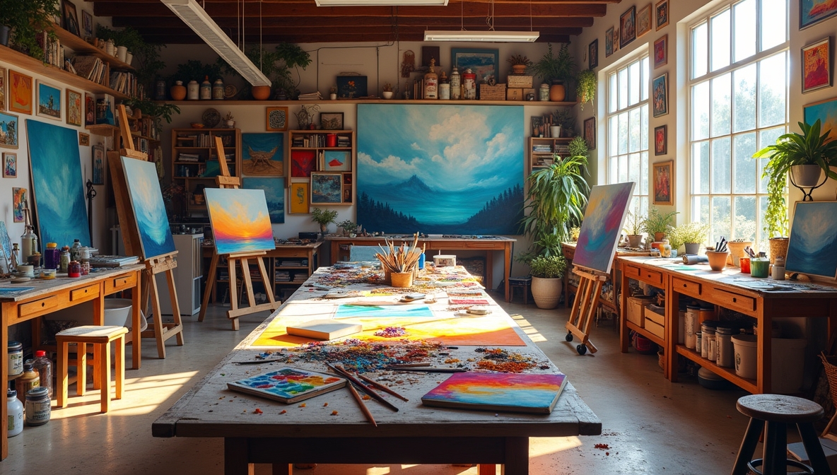 Art workshop with brushes and paints